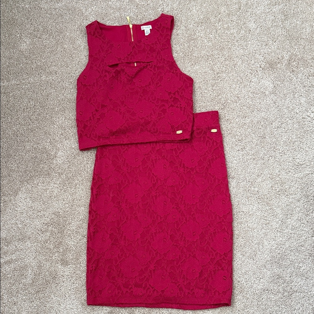 Guess Berry Pink Lace Two-Piece Midi Dress Set